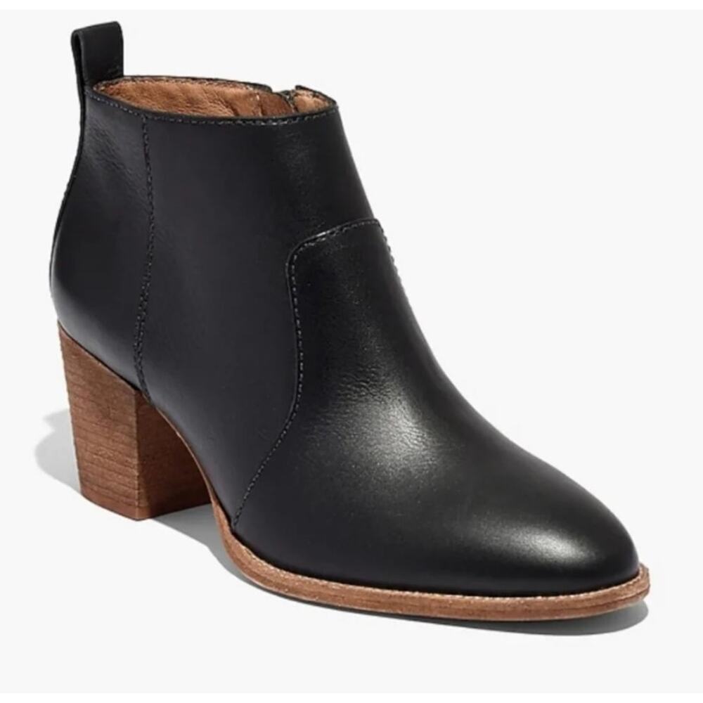 MADEWELL classic black leather brown block heel Brenner zip short bootie boot